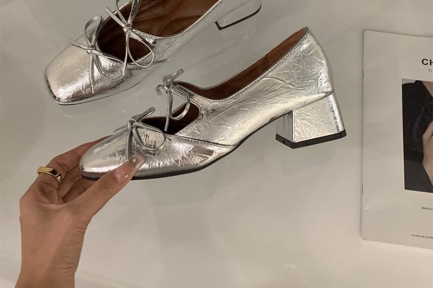 Bow Jane Heel Mary Pumps Square Block Toe