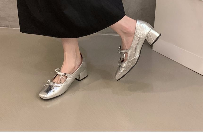 Bow Jane Heel Mary Pumps Square Block Toe