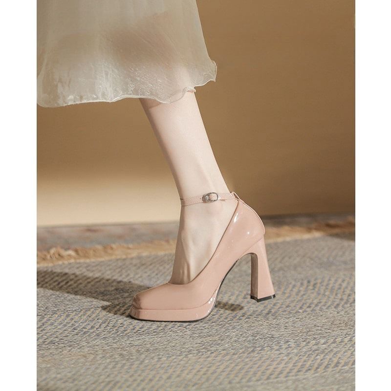 Toe Leather Square Platform Pumps Ankle Strap Patent