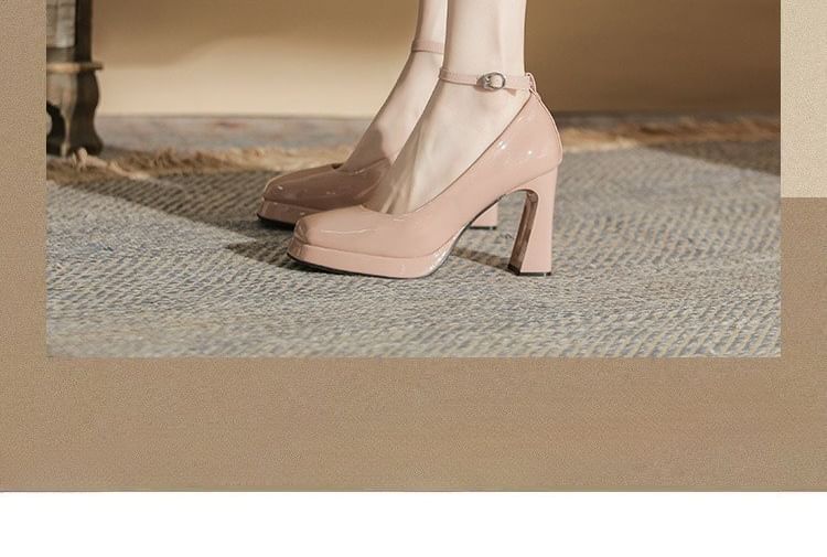 Toe Leather Square Platform Pumps Ankle Strap Patent
