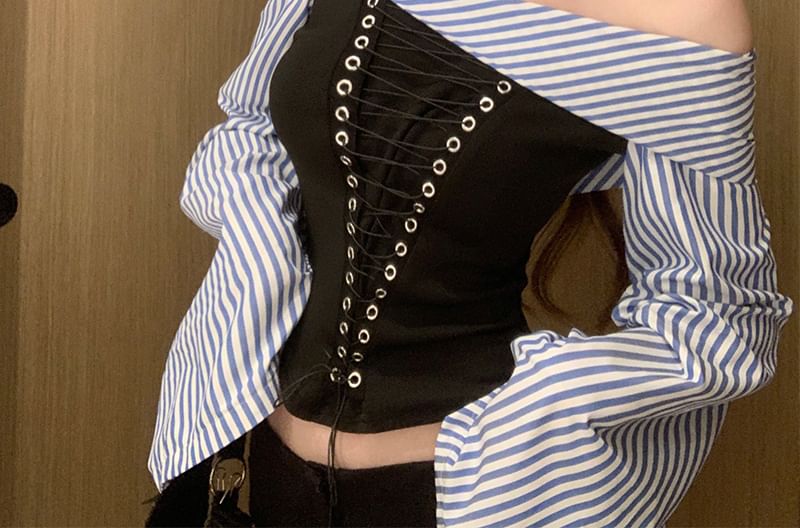 Off-Shoulder Flared-Sleeve Striped Blouse Lace-Up Cropped