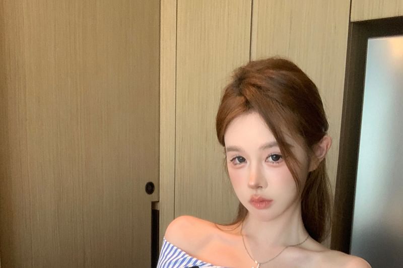 Off-Shoulder Flared-Sleeve Striped Blouse Lace-Up Cropped