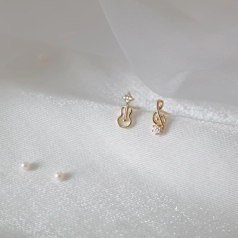 Stud Earring Music Asymmetrical Note Alloy Guitar Rhinestone