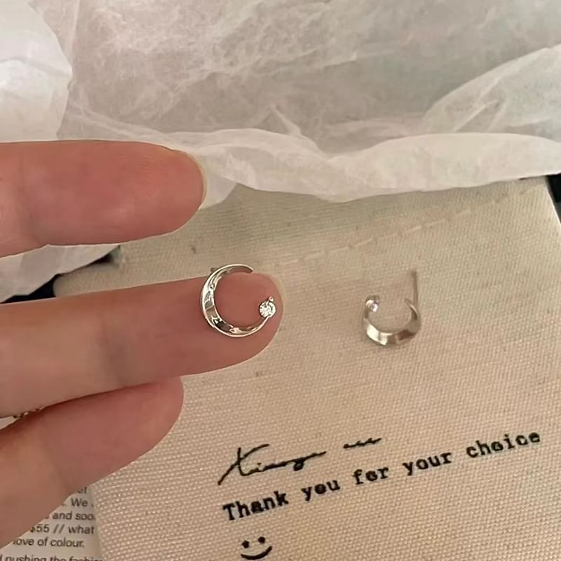 Stud Earring Rhinestone Moon Alloy