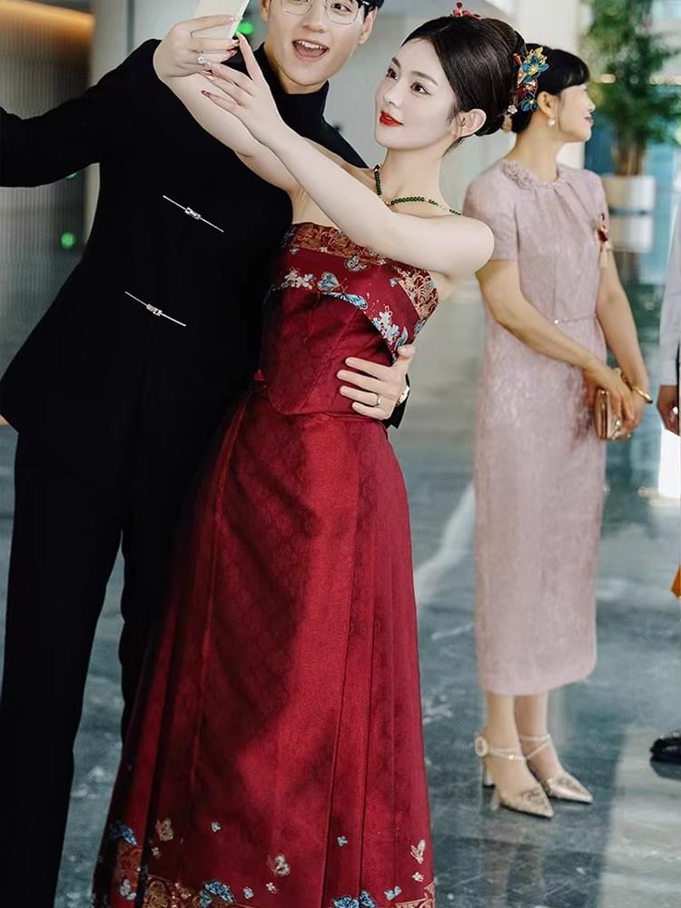 Embroidered Strapless A-Line Wedding Gown