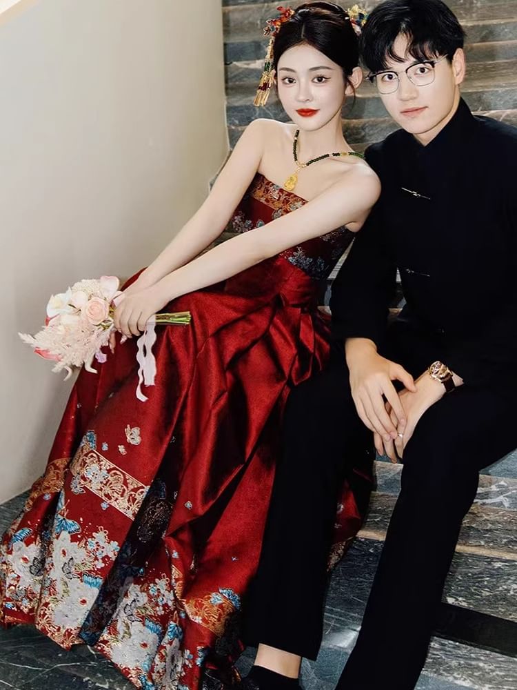 Embroidered Strapless A-Line Wedding Gown