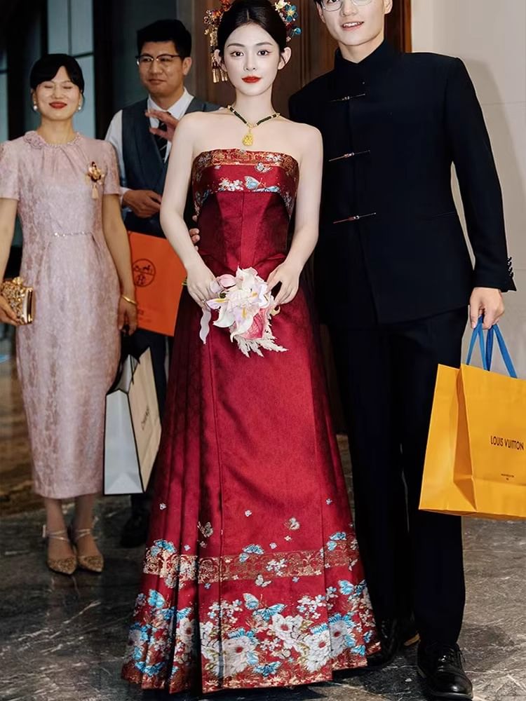 Embroidered Strapless A-Line Wedding Gown