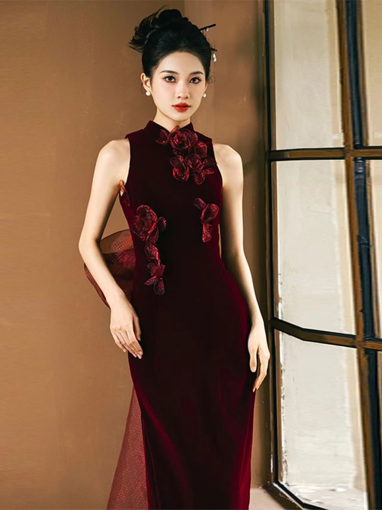 Velvet Collar Mandarin Sheath Gown Evening Applique Floral Sleeveless