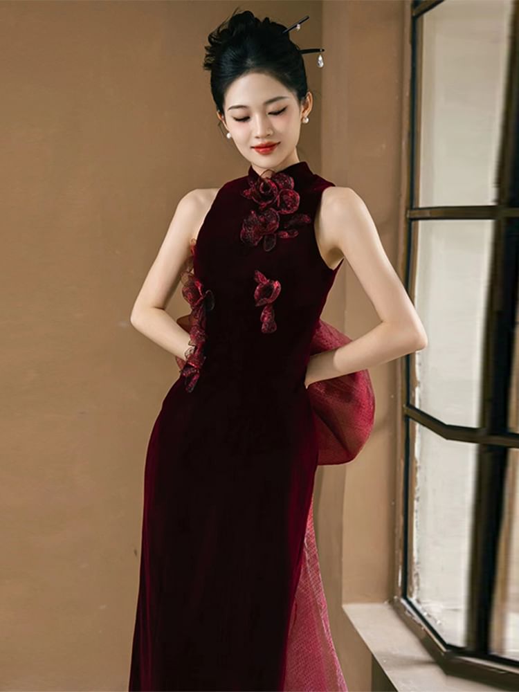 Velvet Collar Mandarin Sheath Gown Evening Applique Floral Sleeveless