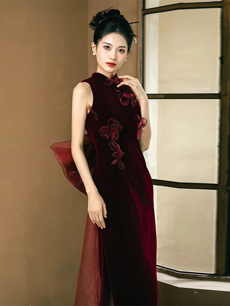 Velvet Collar Mandarin Sheath Gown Evening Applique Floral Sleeveless