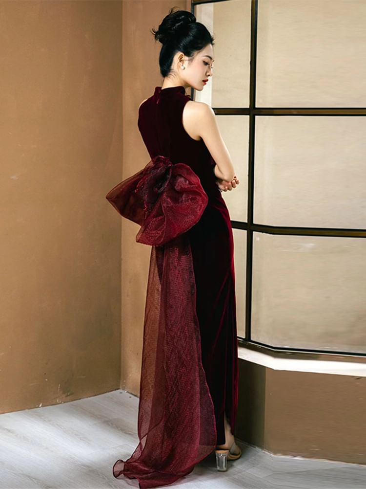 Velvet Collar Mandarin Sheath Gown Evening Applique Floral Sleeveless