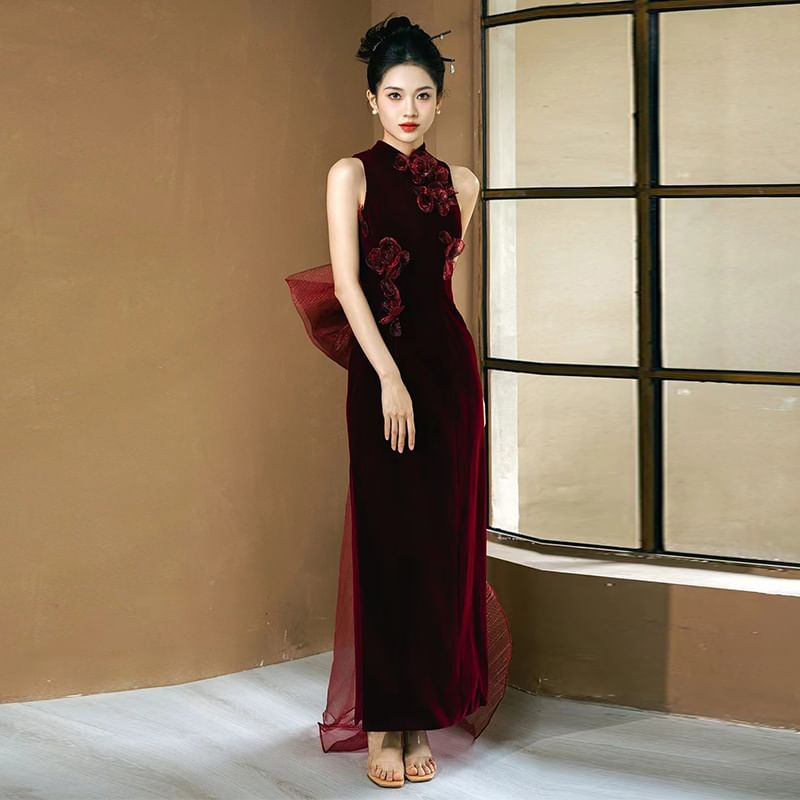 Velvet Collar Mandarin Sheath Gown Evening Applique Floral Sleeveless