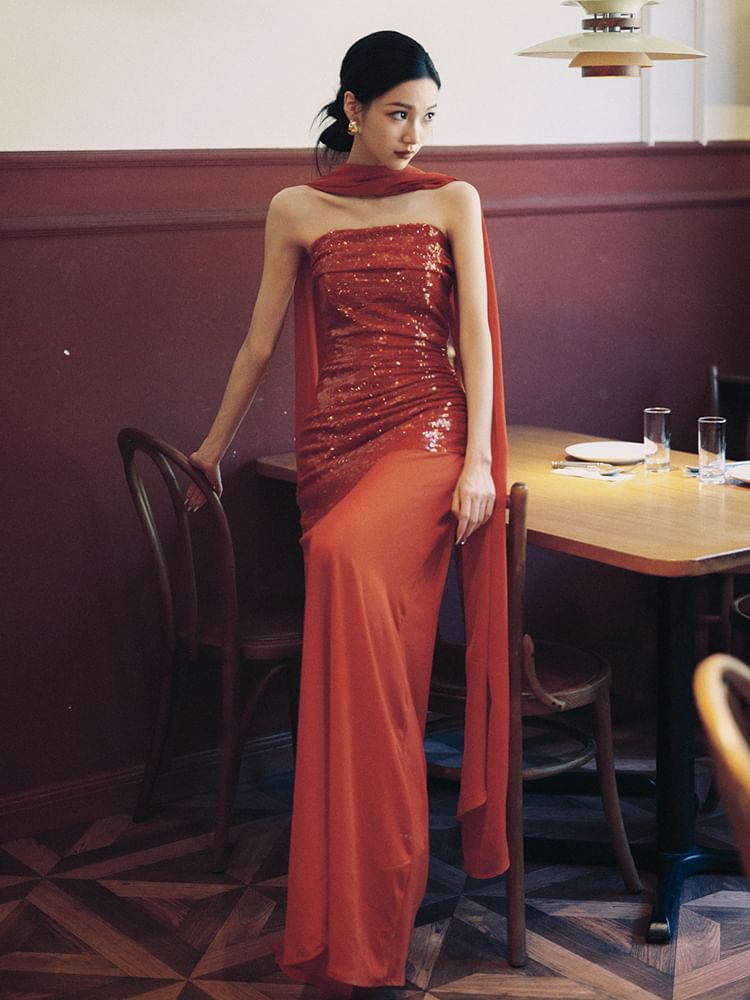 Sequin Panel Strapless Sheath Evening Gown