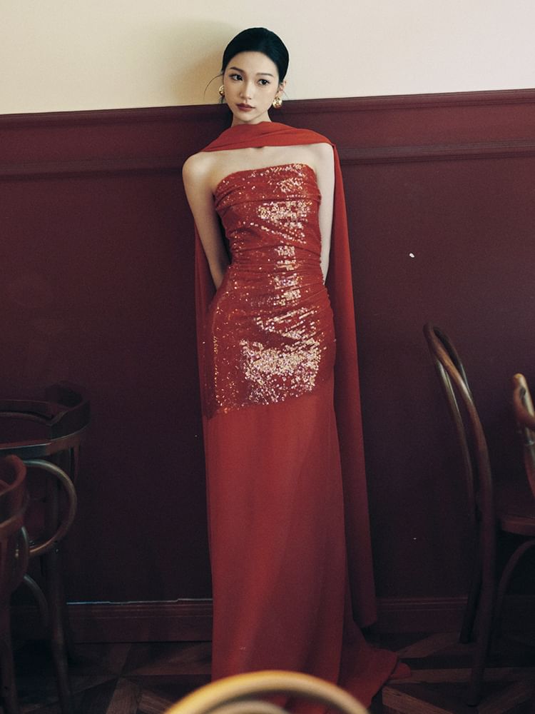 Sequin Panel Strapless Sheath Evening Gown