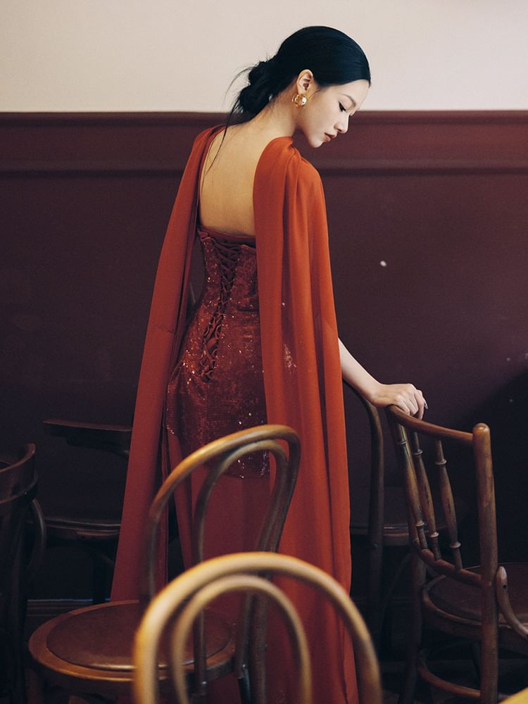 Sequin Panel Strapless Sheath Evening Gown