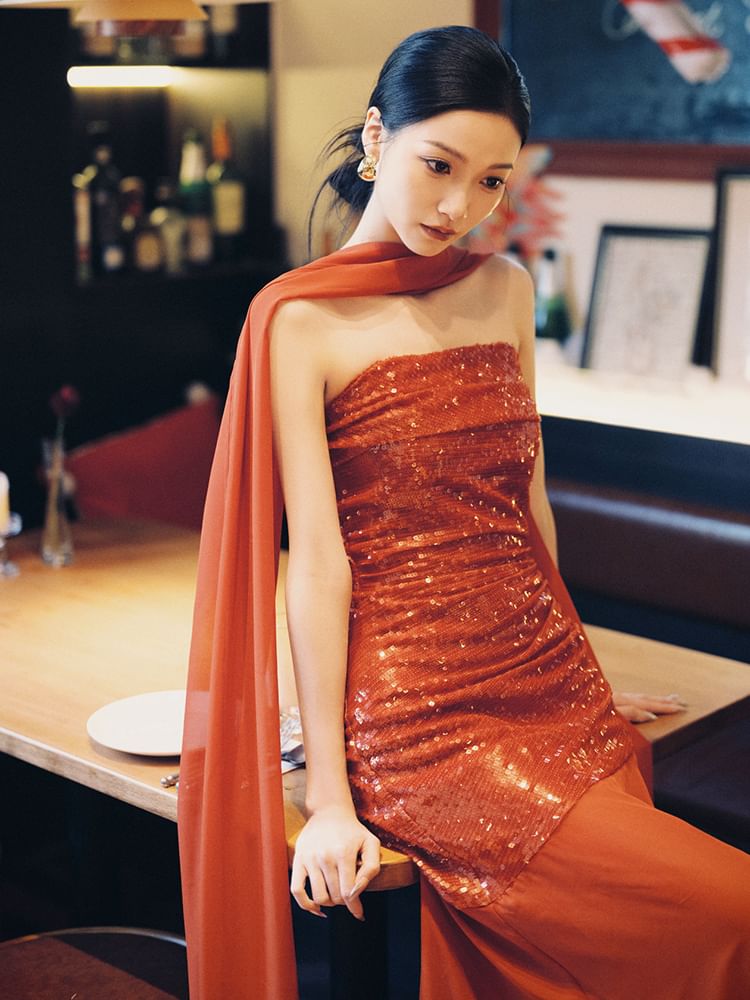 Sequin Panel Strapless Sheath Evening Gown