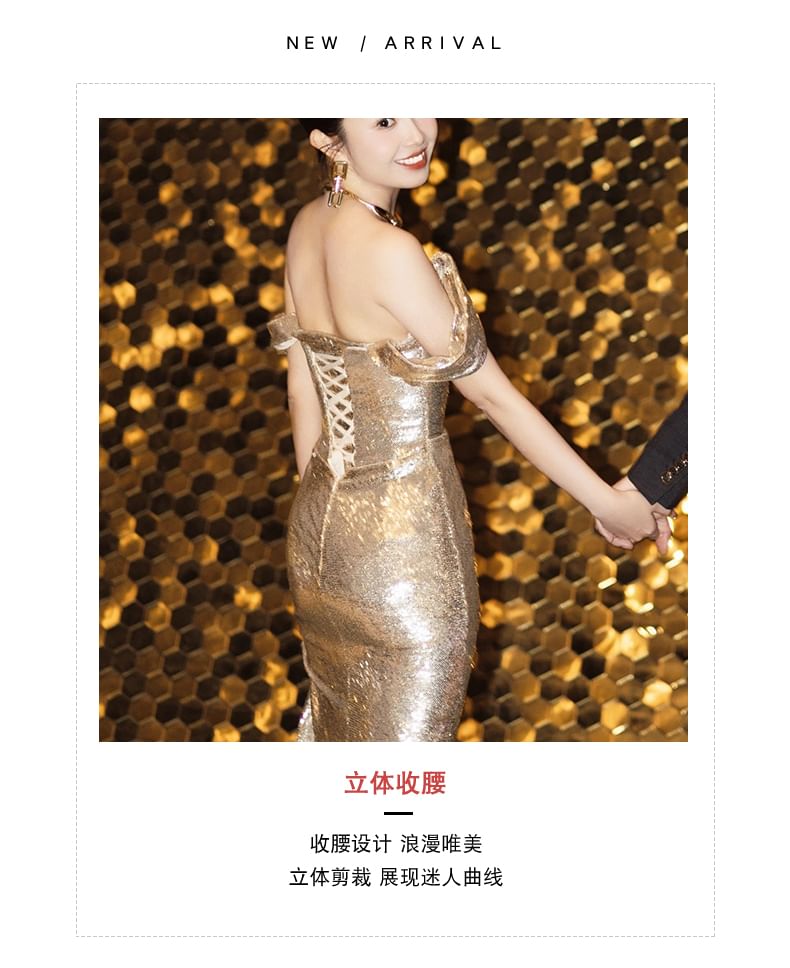 Gown Evening Neck Strap Spaghetti Sequin Sheath Cowl