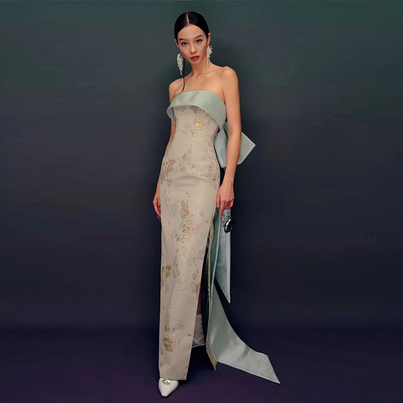 Print Evening Back Slit Gown Sheath Strapless Bow Floral