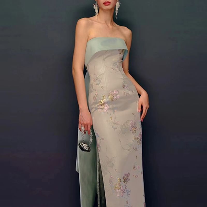 Print Evening Back Slit Gown Sheath Strapless Bow Floral