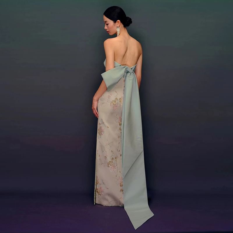 Print Evening Back Slit Gown Sheath Strapless Bow Floral