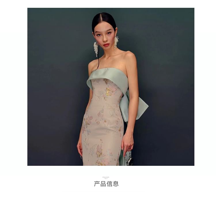 Print Evening Back Slit Gown Sheath Strapless Bow Floral