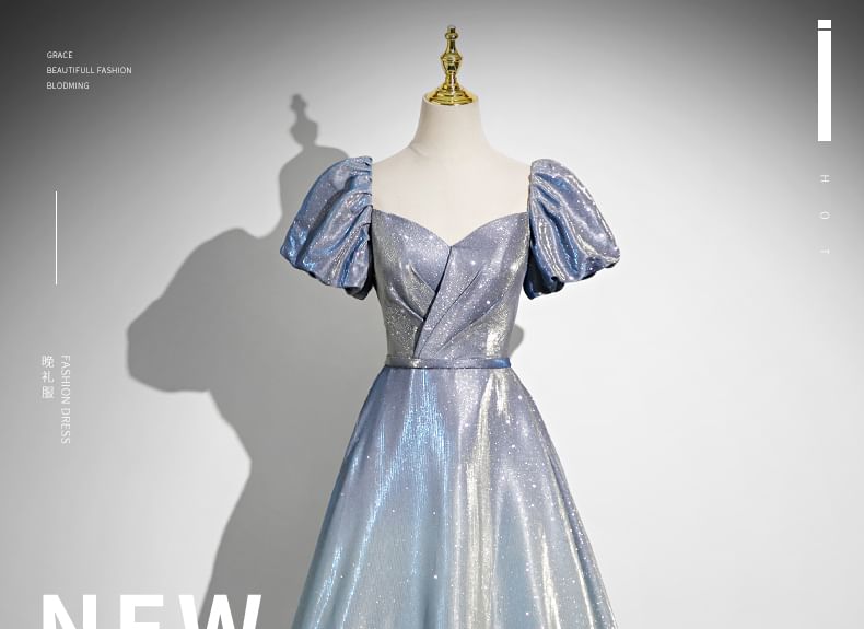 A-Line Gown Evening Short-Sleeve Glossy