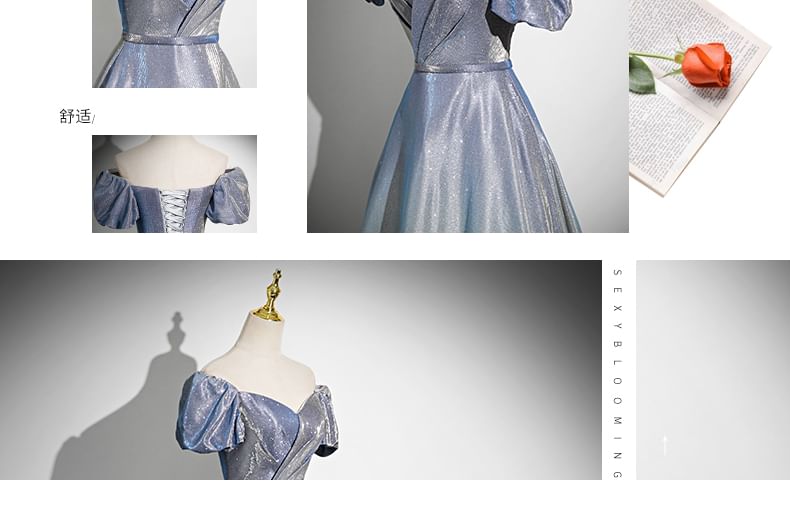 A-Line Gown Evening Short-Sleeve Glossy