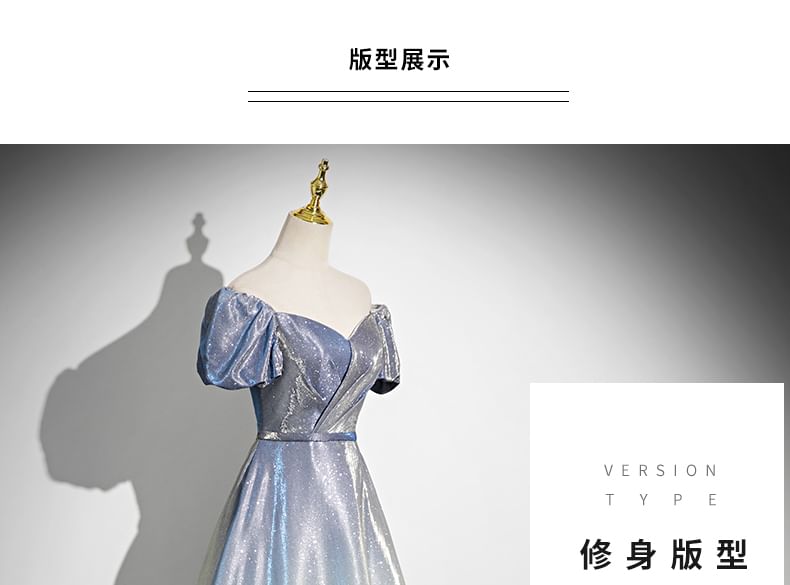 A-Line Gown Evening Short-Sleeve Glossy