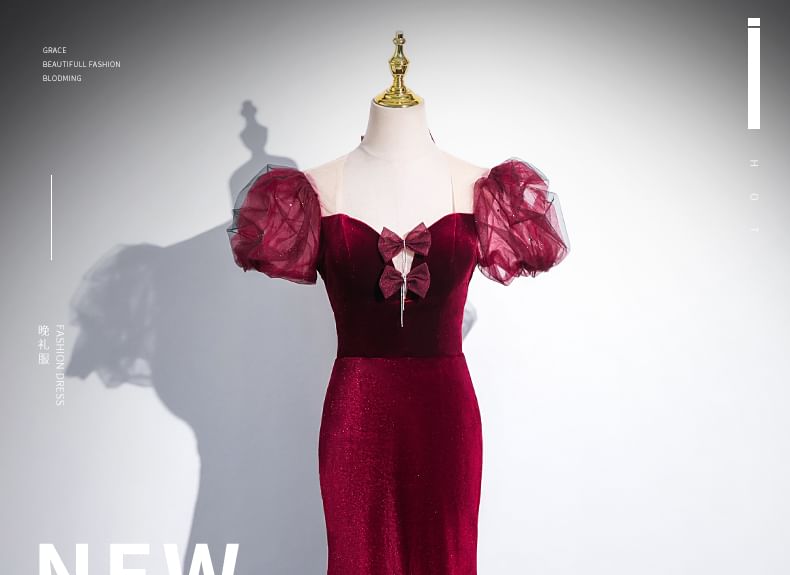 Evening Sweetheart Velvet Neckline Trained Sheath Short-Sleeve Gown