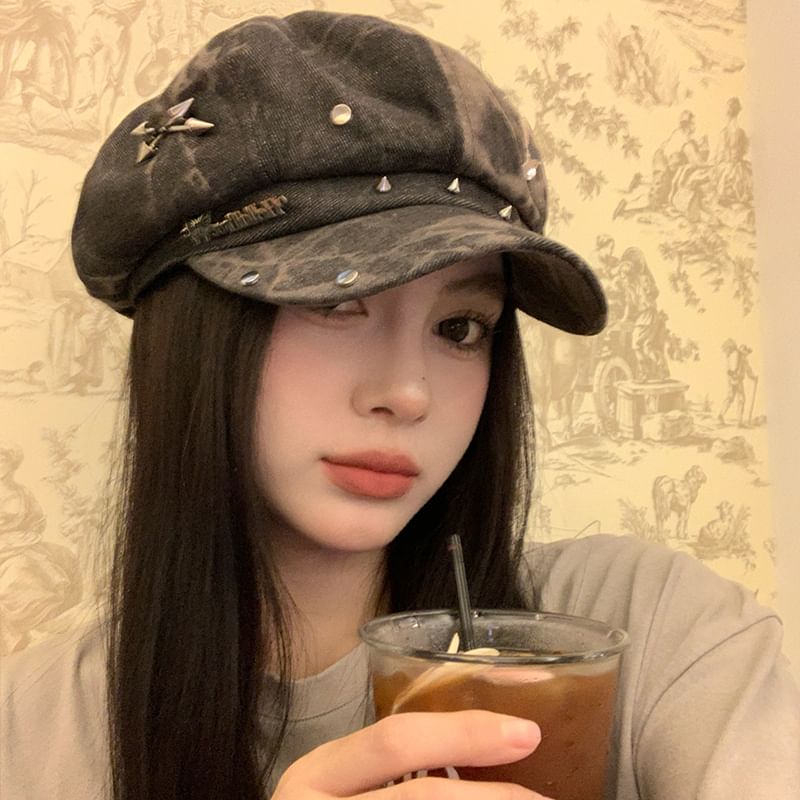 Denim Studded Cap Star Newsboy Applique