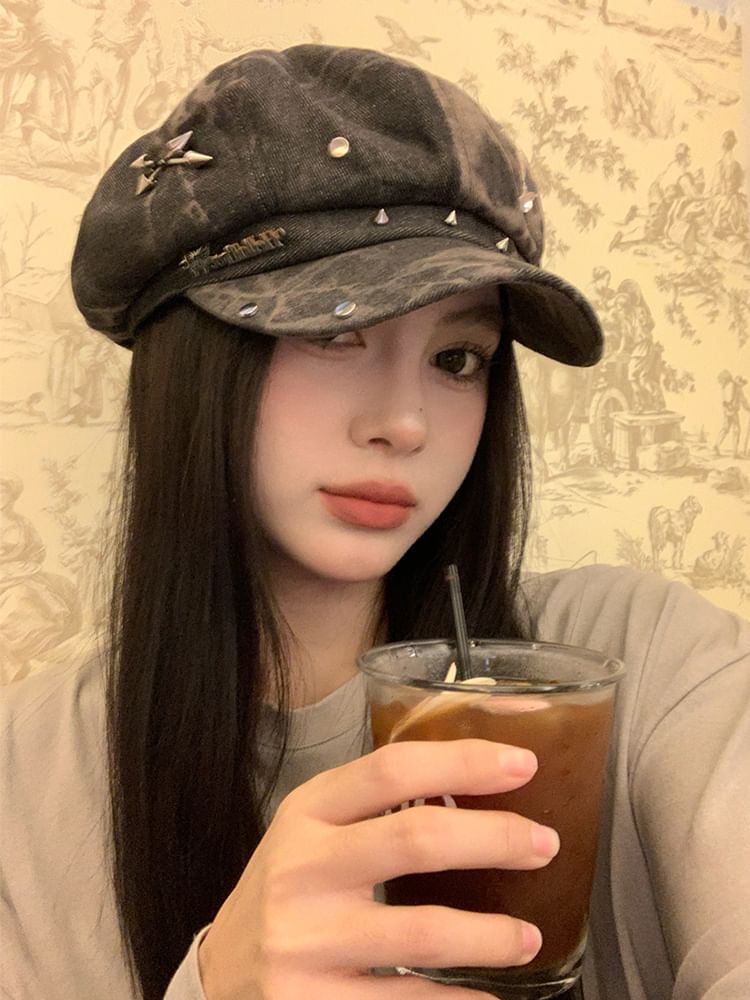 Denim Studded Cap Star Newsboy Applique