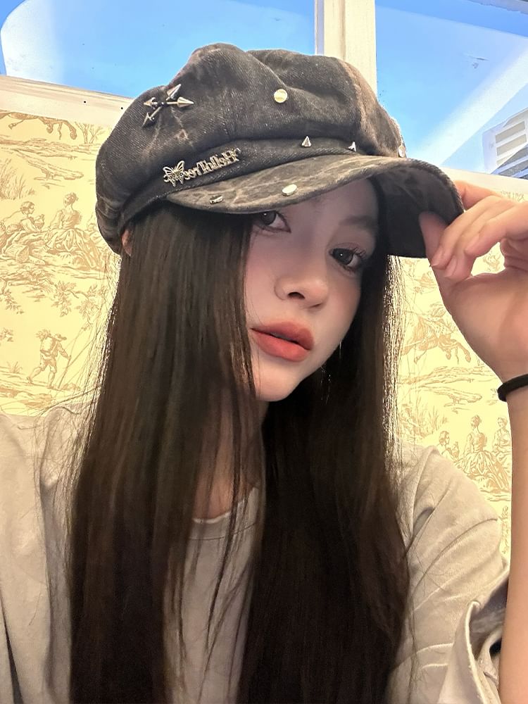 Denim Studded Cap Star Newsboy Applique