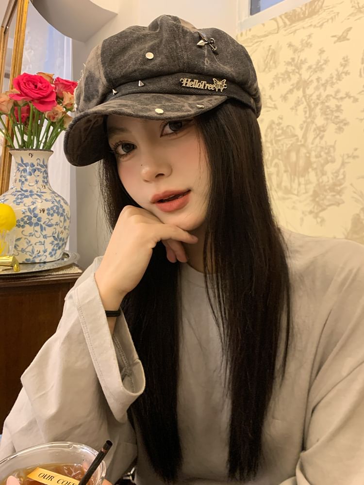 Denim Studded Cap Star Newsboy Applique