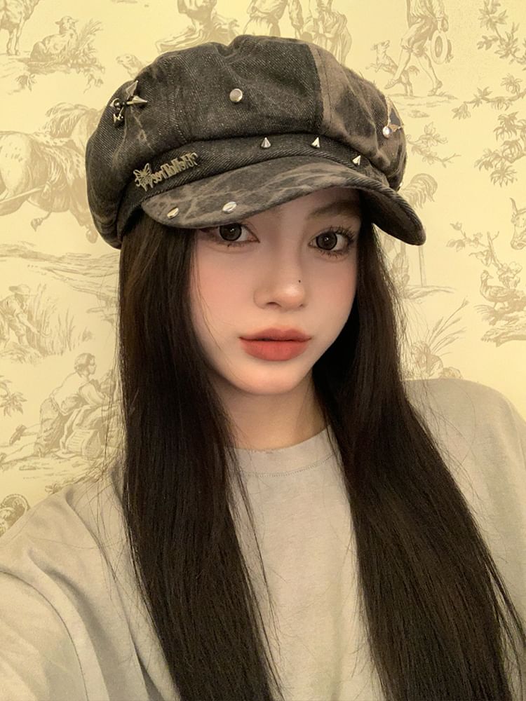 Denim Studded Cap Star Newsboy Applique