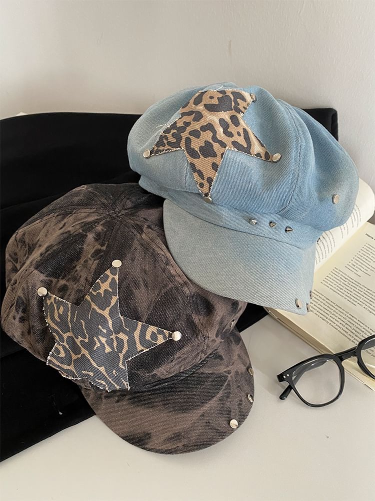 Denim Studded Cap Star Newsboy Applique