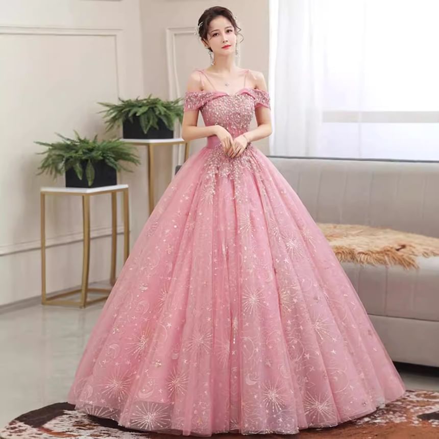 Sequin Gown Shoulder Ball Floral Cold