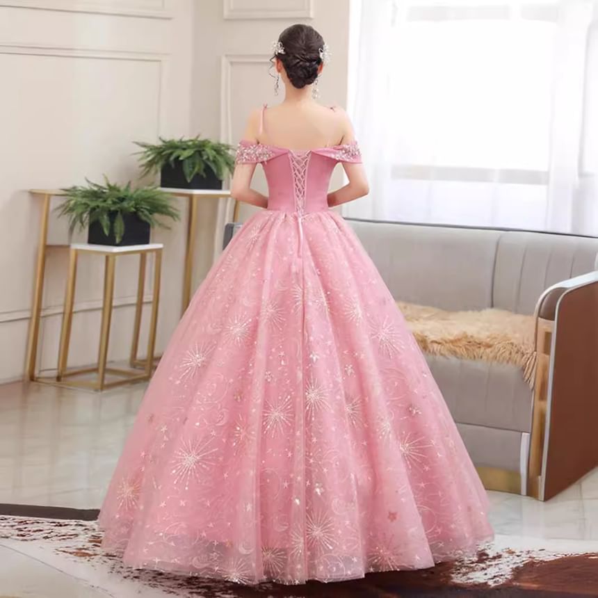 Sequin Gown Shoulder Ball Floral Cold