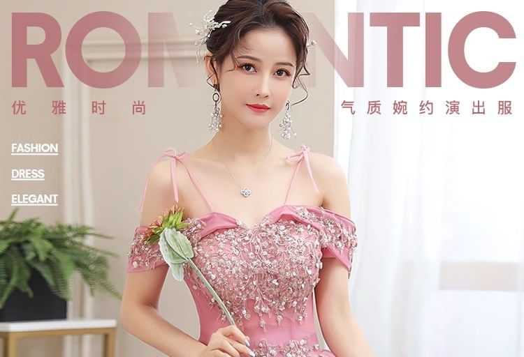 Sequin Gown Shoulder Ball Floral Cold