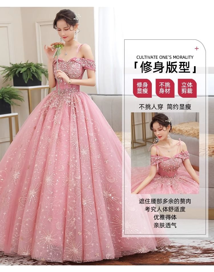 Sequin Gown Shoulder Ball Floral Cold