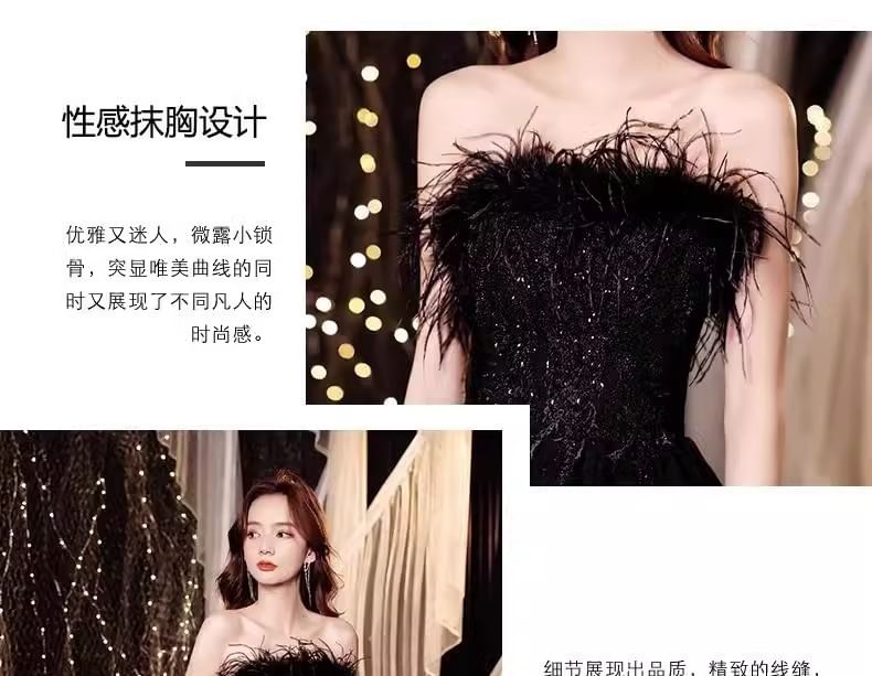 Gown Trim Evening Panel Lace A-Line Feather Strapless Sequin