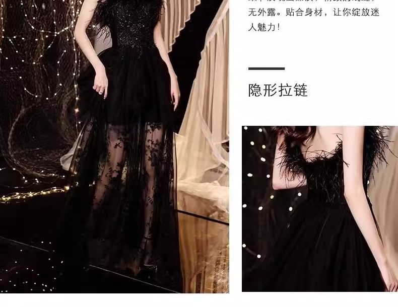 Gown Trim Evening Panel Lace A-Line Feather Strapless Sequin