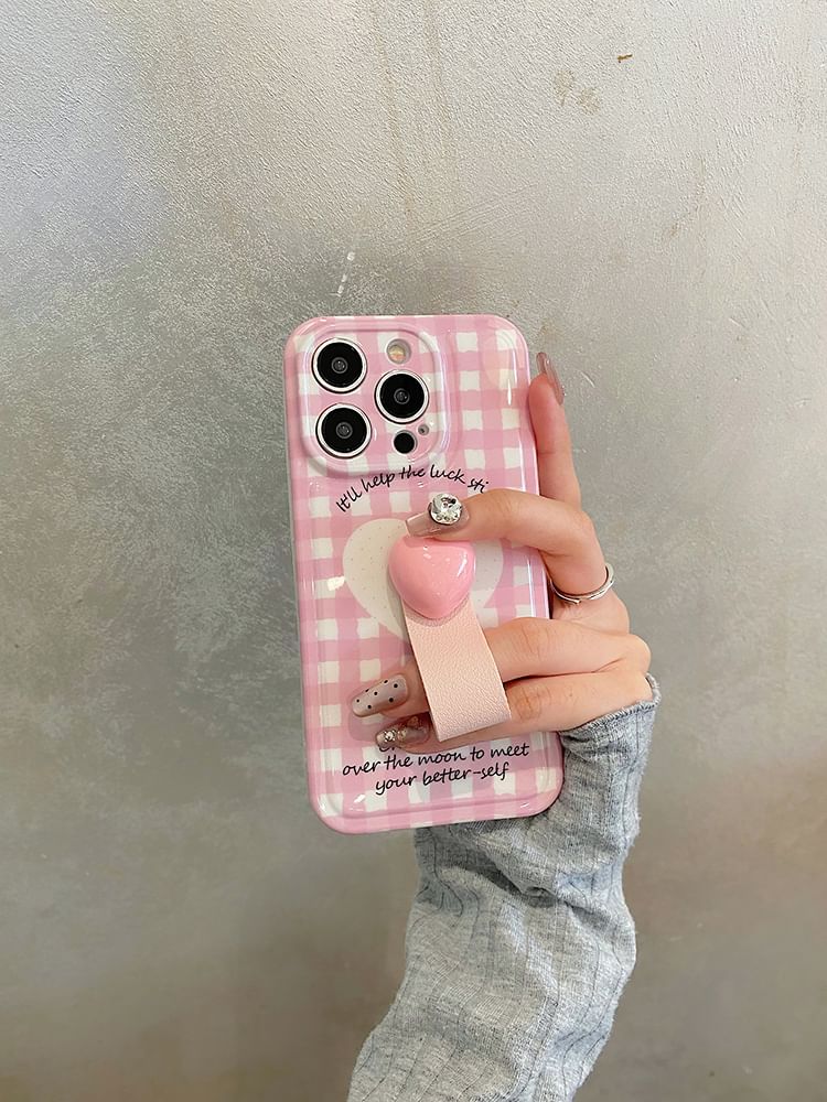 Heart Finger / Strap Plaid Set Case Phone