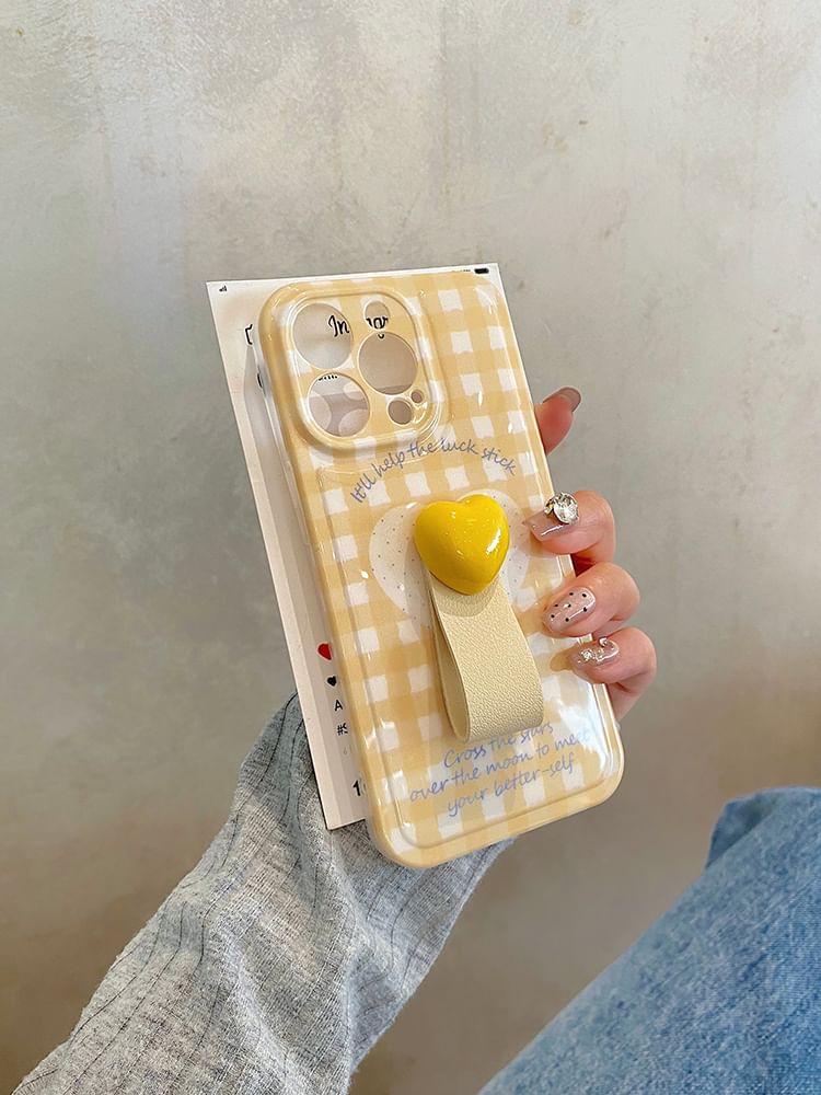 Heart Finger / Strap Plaid Set Case Phone