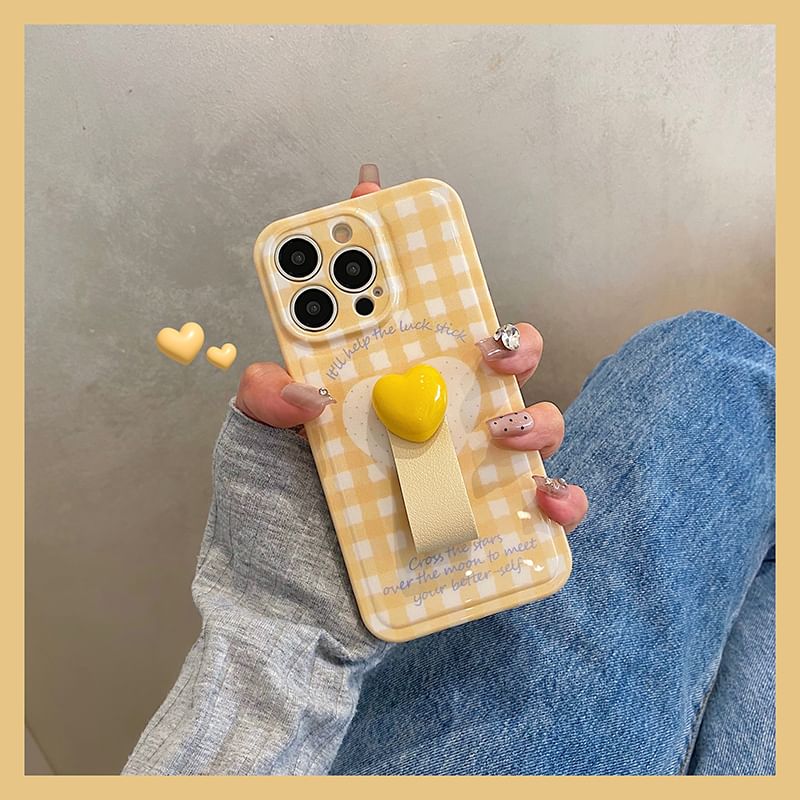 Heart Finger / Strap Plaid Set Case Phone