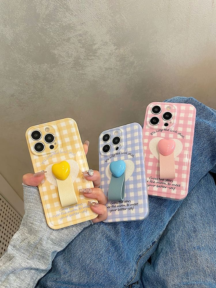 Heart Finger / Strap Plaid Set Case Phone