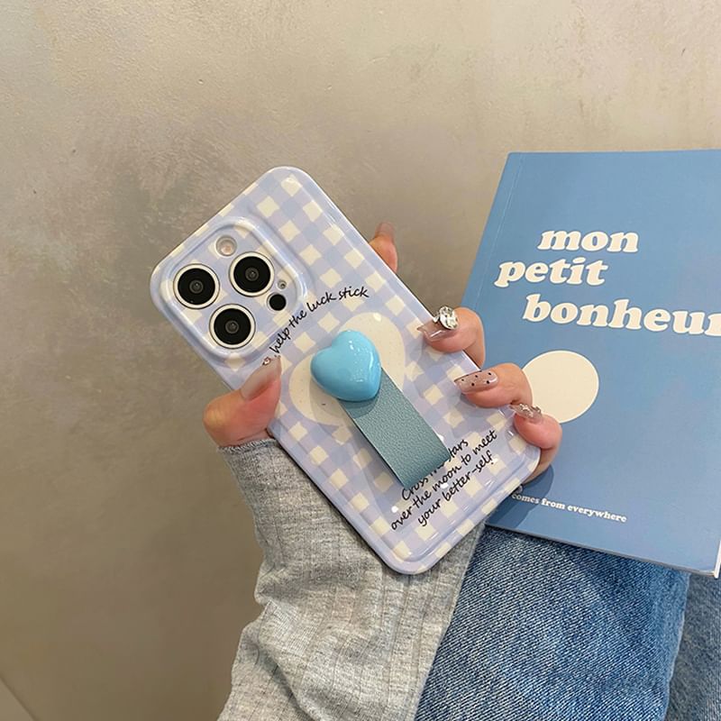 Heart Finger / Strap Plaid Set Case Phone