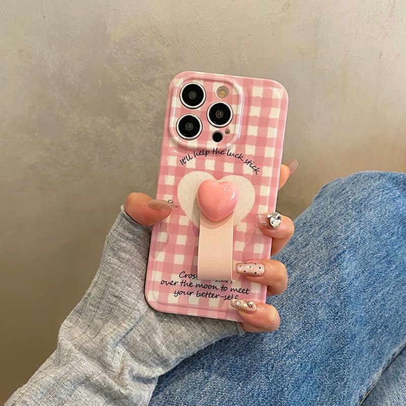 Heart Finger / Strap Plaid Set Case Phone