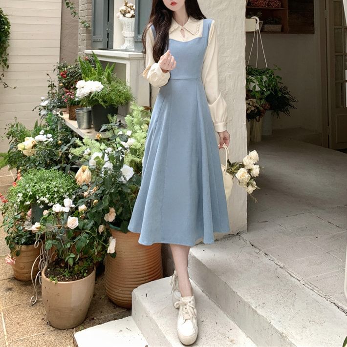 Two Dress A-Line Two-Piece Mock Midi Tone Long-Sleeve