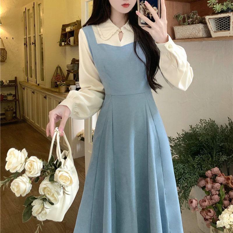 Two Dress A-Line Two-Piece Mock Midi Tone Long-Sleeve