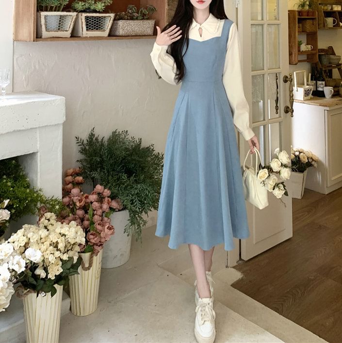 Two Dress A-Line Two-Piece Mock Midi Tone Long-Sleeve